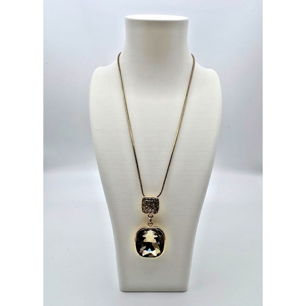 Vintage MONET Yellow Glass Crystal Square Pendant Necklace Gold Tone Retro